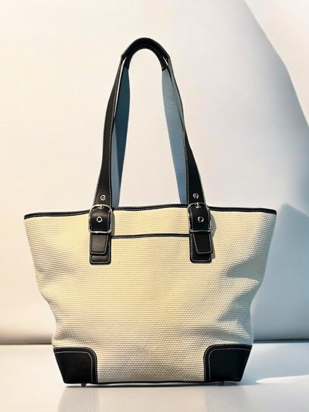 Y2K Coach 4469 Woven Straw Tote Bag Black Leather Trim Vintage 2004 Large